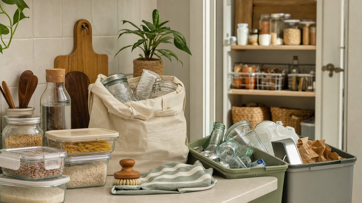 Recipientes reutilizáveis e materiais separados para reciclagem em uma cozinha doméstica