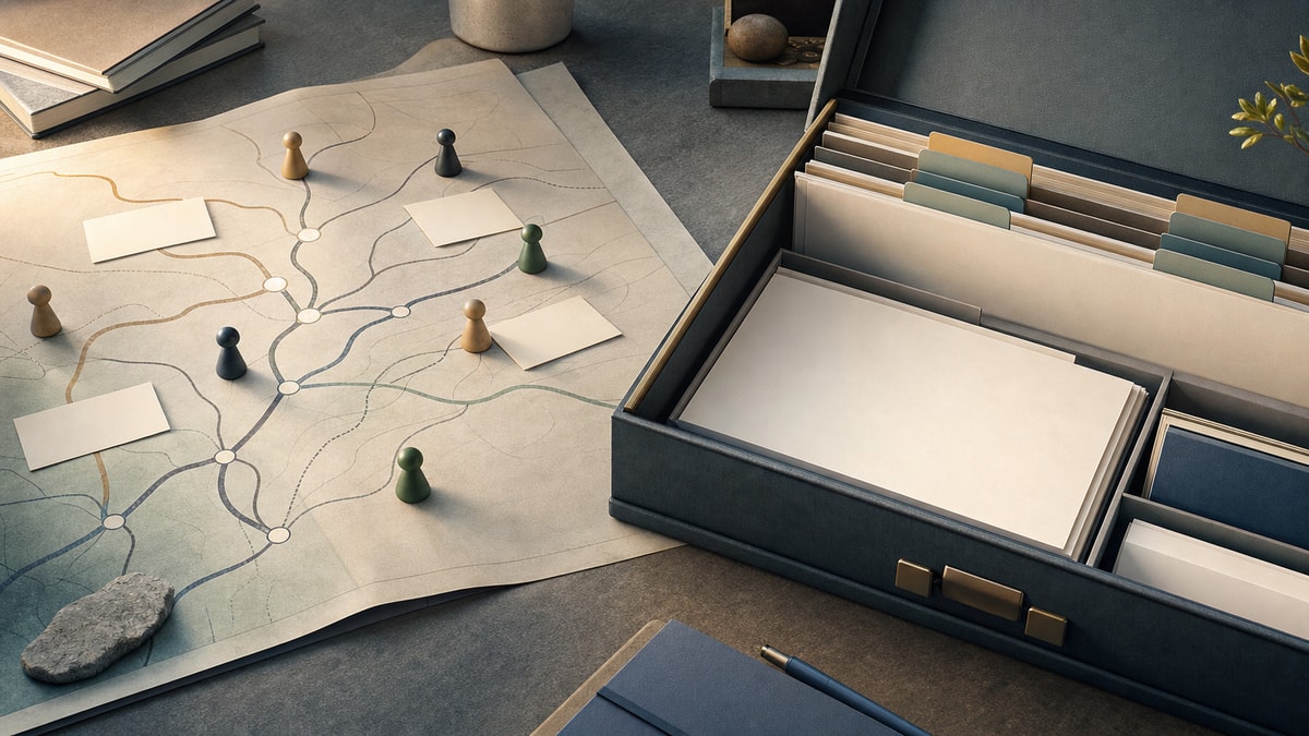 Composição visual que contrasta um mapa flexível de carreira com uma estrutura formal de progressão