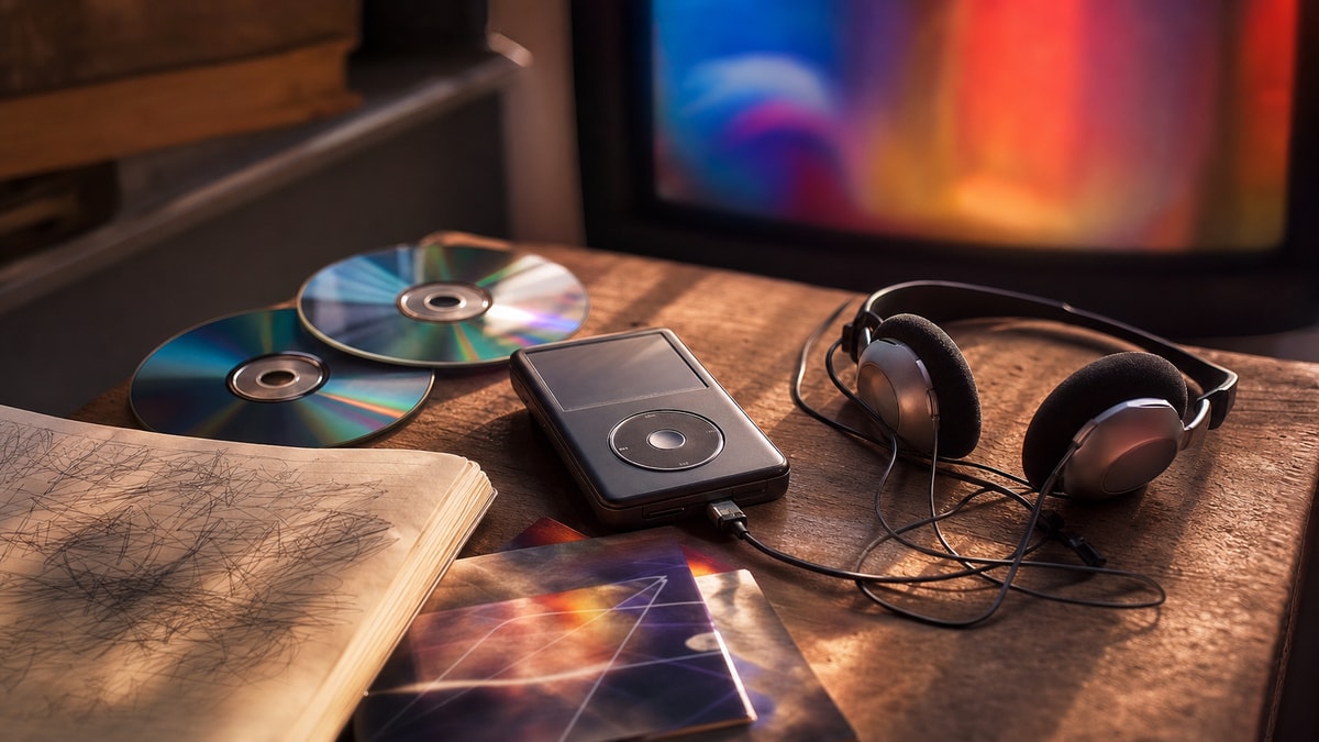 Trilhas que ficaram na memória Fones de ouvido, discos compactos e aparelho portátil associados às trilhas sonoras das séries dos anos 2000