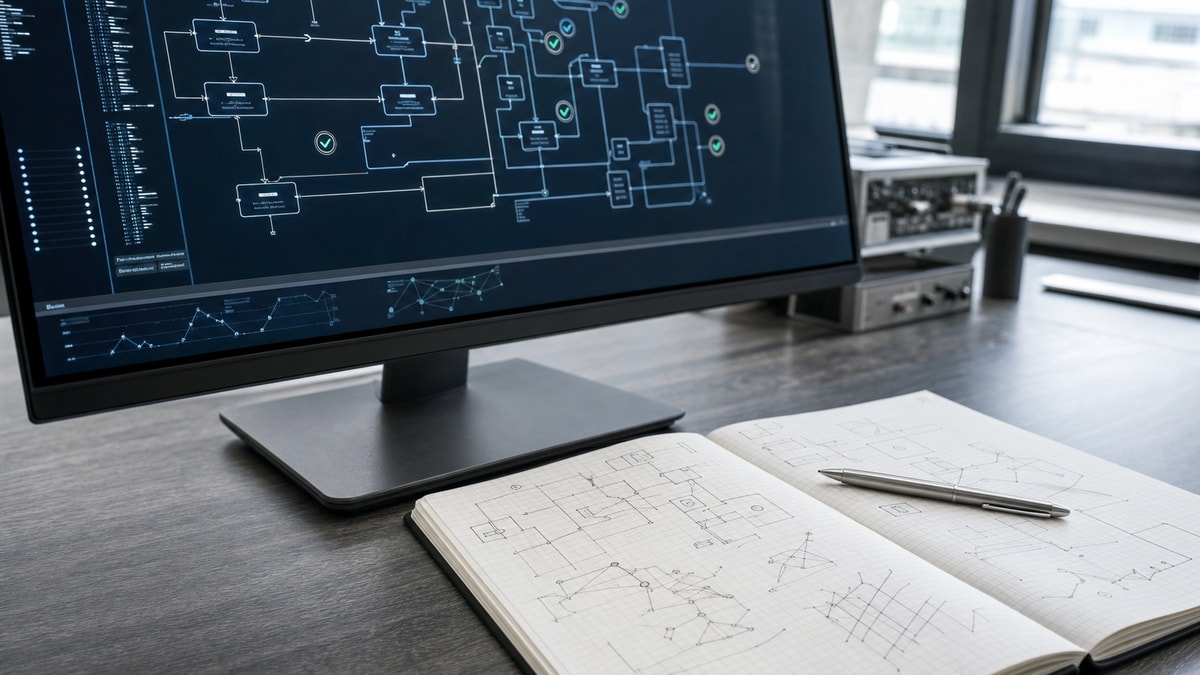 Validação e confiabilidade em desenvolvimento de software Monitor exibindo diagramas geométricos de validação e arquitetura de software em ambiente de trabalho com iluminação natural.