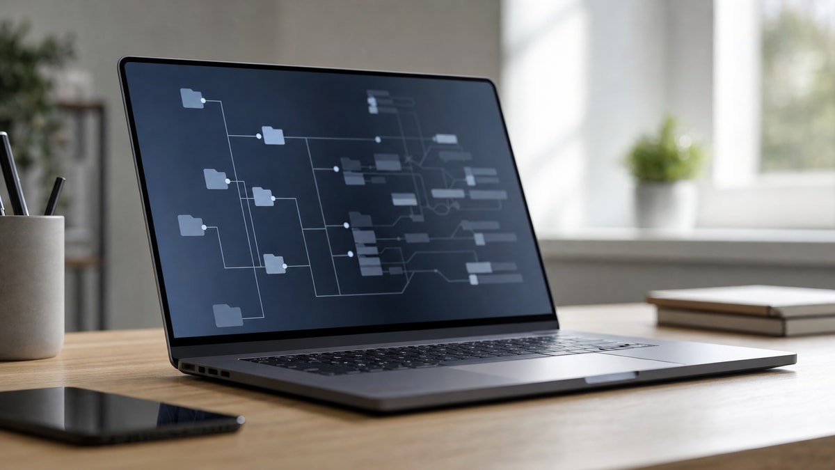 Notebook exibindo estrutura visual abstrata de diretórios e rotas de sistema operacional com desfoque suave.
