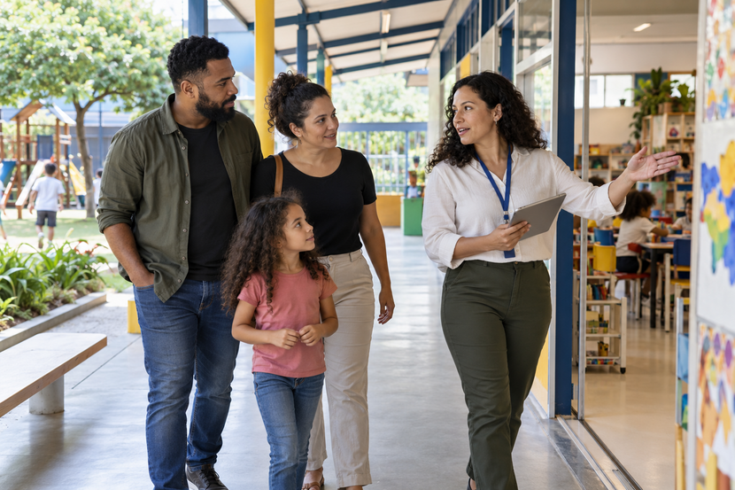Família conhece a estrutura de uma escola integral antes da matrícula