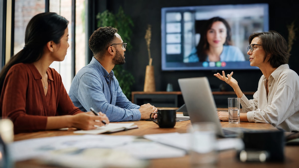Vocabulário profissional no trabalho Profissionais colaborando em uma reunião de trabalho com participação remota
