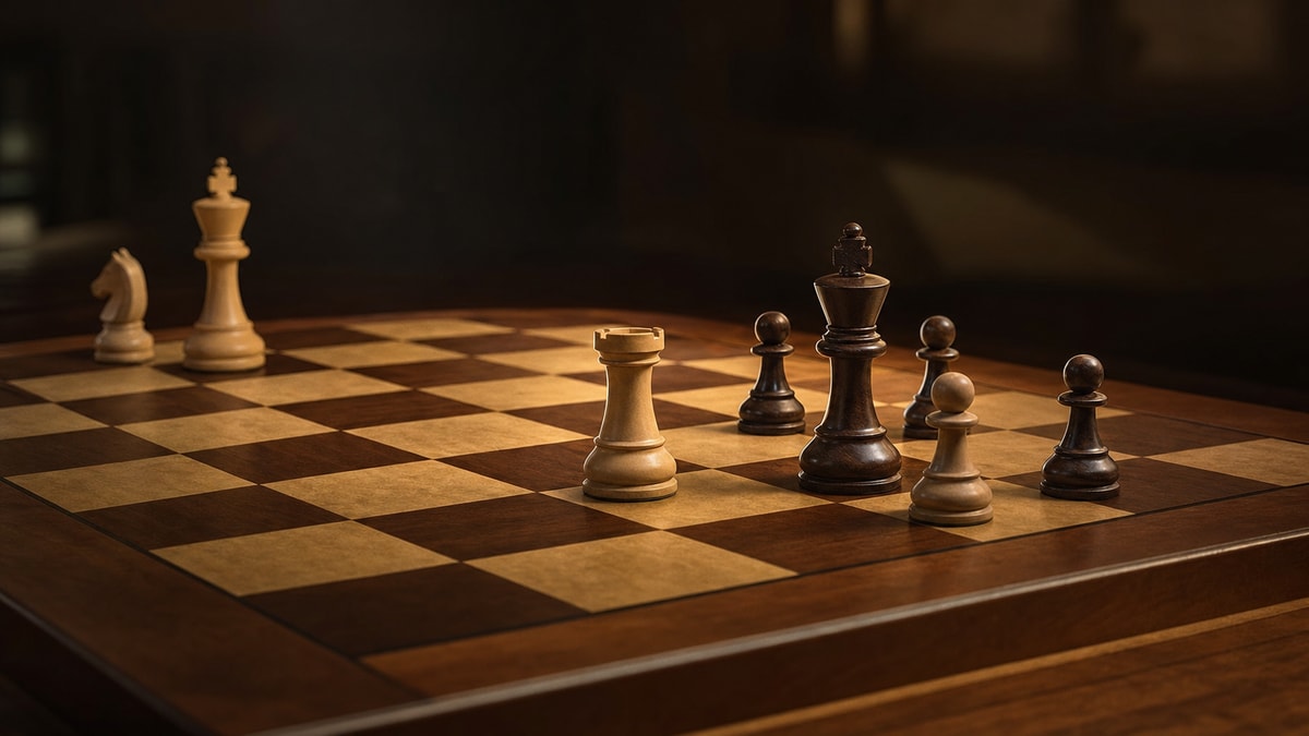 Xeque, xeque-mate e empate Posição de xadrez com o rei ameaçado e poucas peças restantes, evocando xeque-mate e possíveis empates.