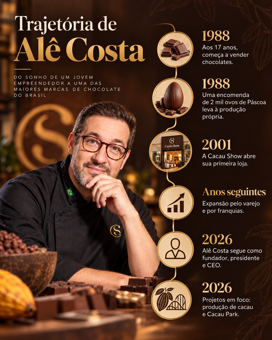 Linha do tempo de Alê Costa: 1988, início das vendas de chocolate e encomenda de 2 mil ovos de Páscoa; 2001, primeira loja da Cacau Show; expansão por varejo e franquias; em 2026, produção de cacau e Cacau Park