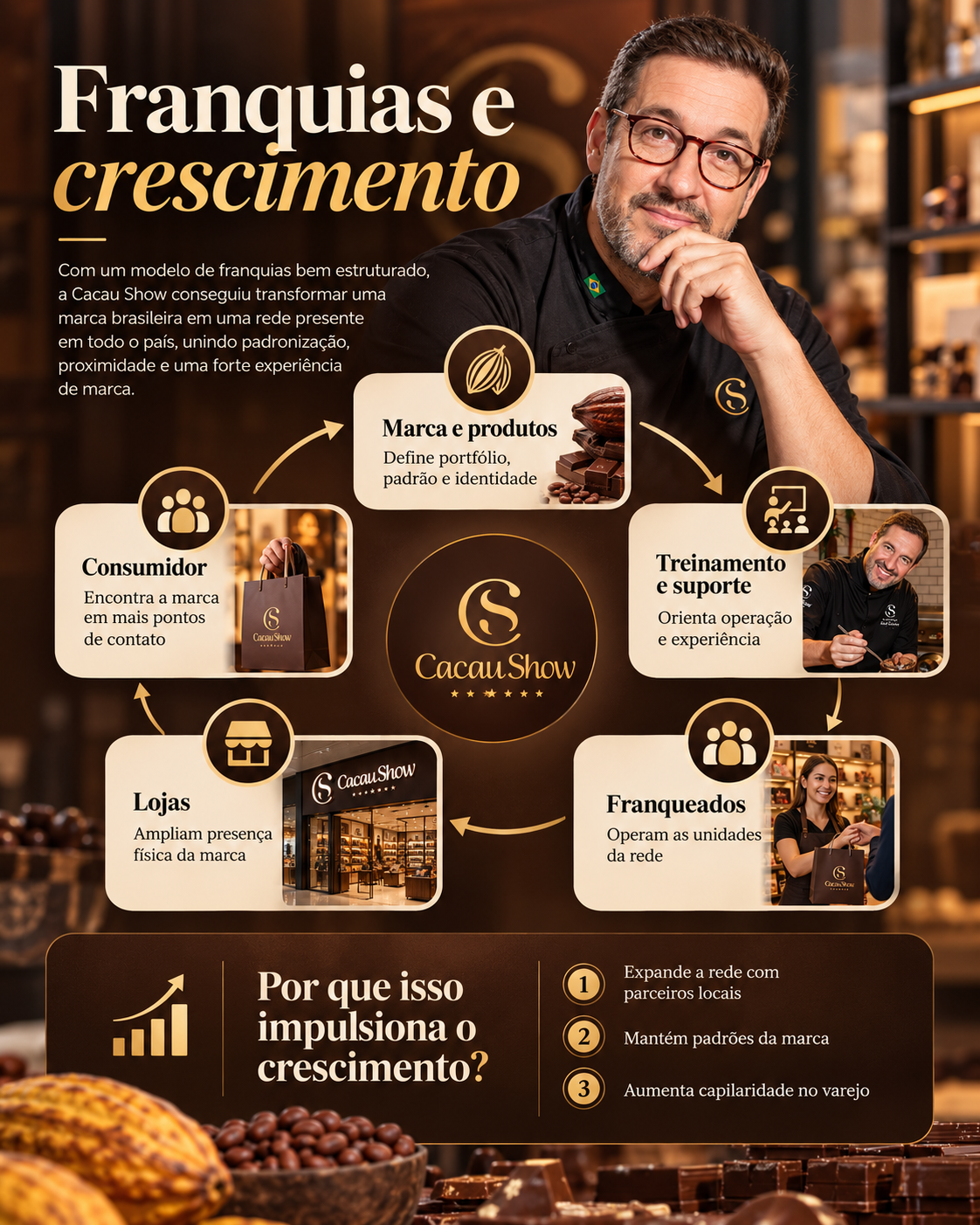 Esquema do modelo de franquias da Cacau Show: marca e produtos, treinamento e suporte, franqueados, lojas e consumidor, com três razões para o crescimento da rede