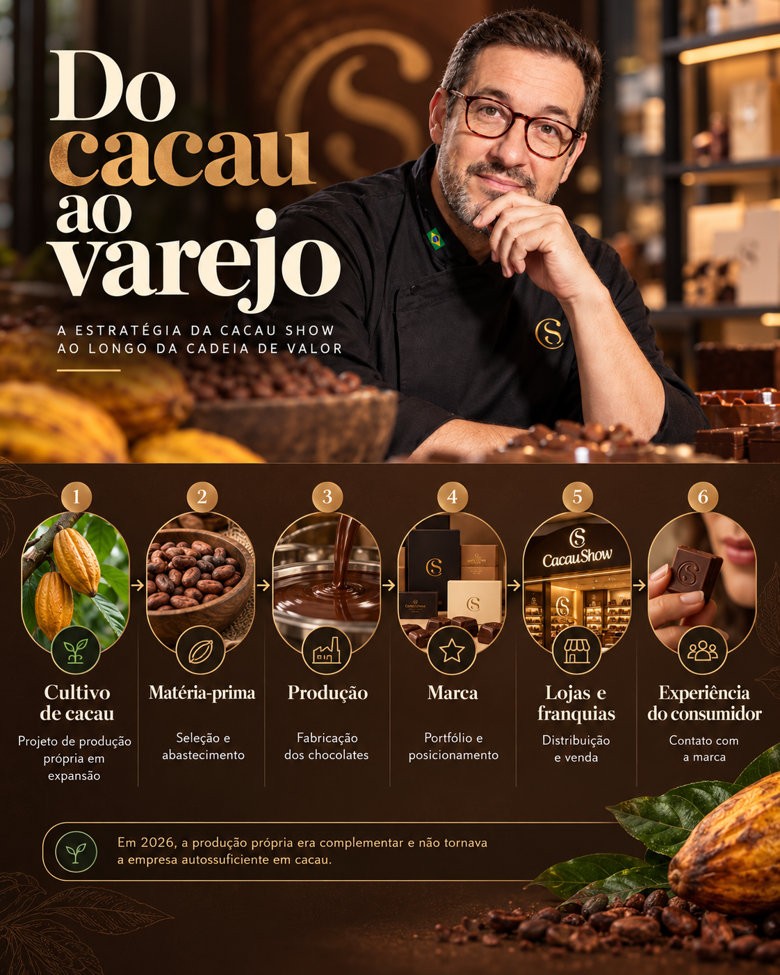 Seis etapas da cadeia do cacau ao varejo: cultivo, matéria-prima, produção, marca, lojas e franquias, e experiência do consumidor; em 2026 a produção própria era complementar