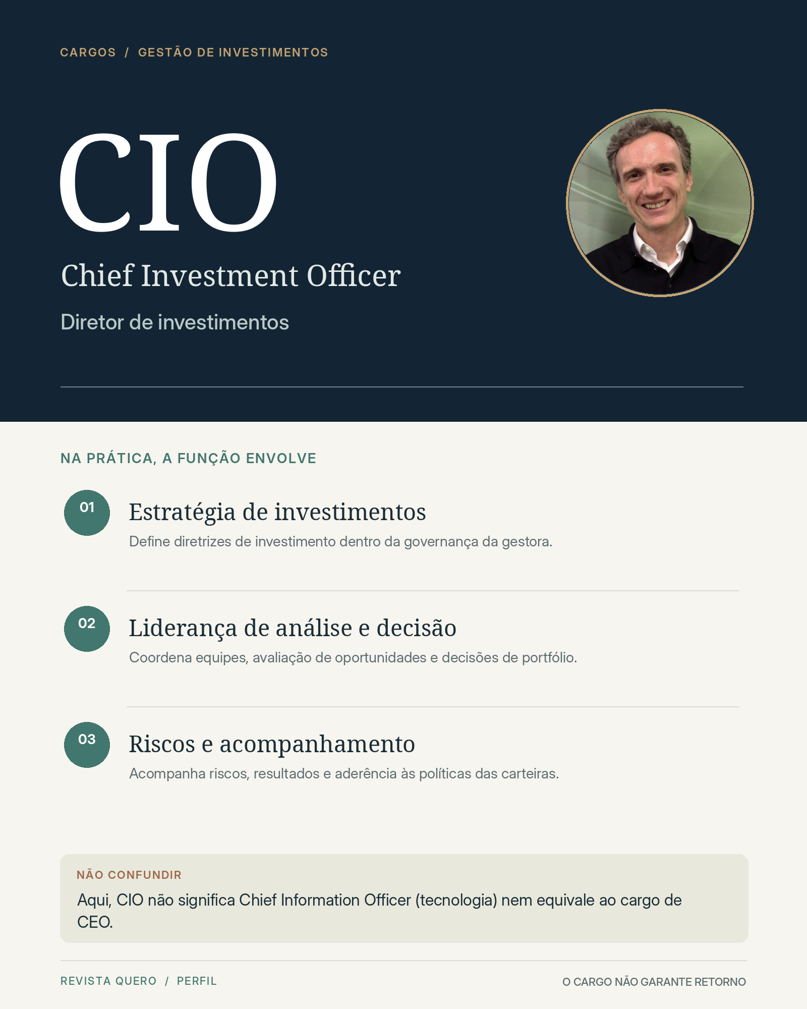 Quadro explicativo: CIO significa Chief Investment Officer, diretor de investimentos, e não Chief Information Officer nem CEO