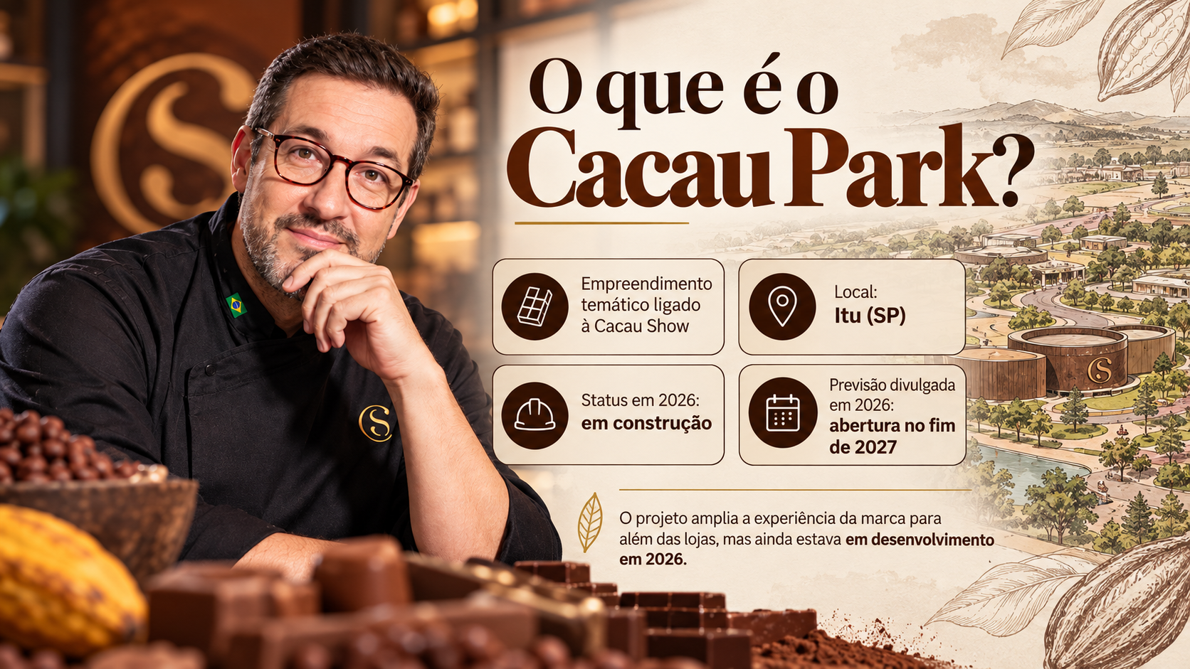 Arte explicativa sobre o Cacau Park: empreendimento temático em Itu (SP), em construção em 2026, com abertura prevista para o fim de 2027, ao lado de um desenho conceitual do parque