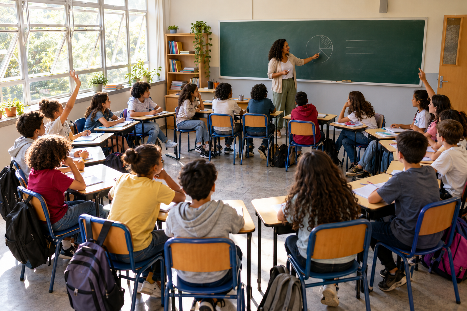 Turma com aproximadamente 20 alunos participa de aula conduzida por professora em sala organizada em semicírculo