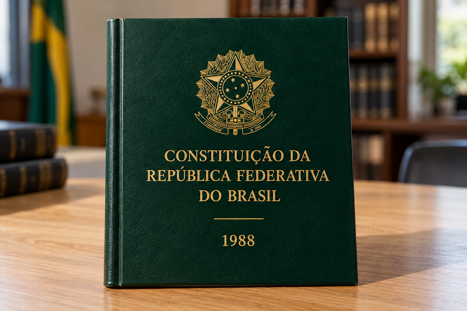 Capa verde da Constituição da República Federativa do Brasil de 1988 sobre uma mesa