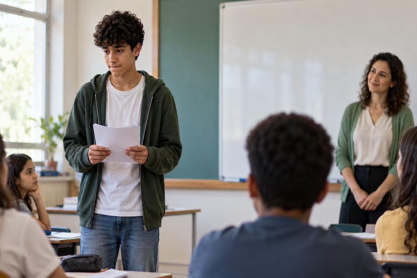Adolescente com ansiedade social demonstra nervosismo durante apresentação em sala de aula