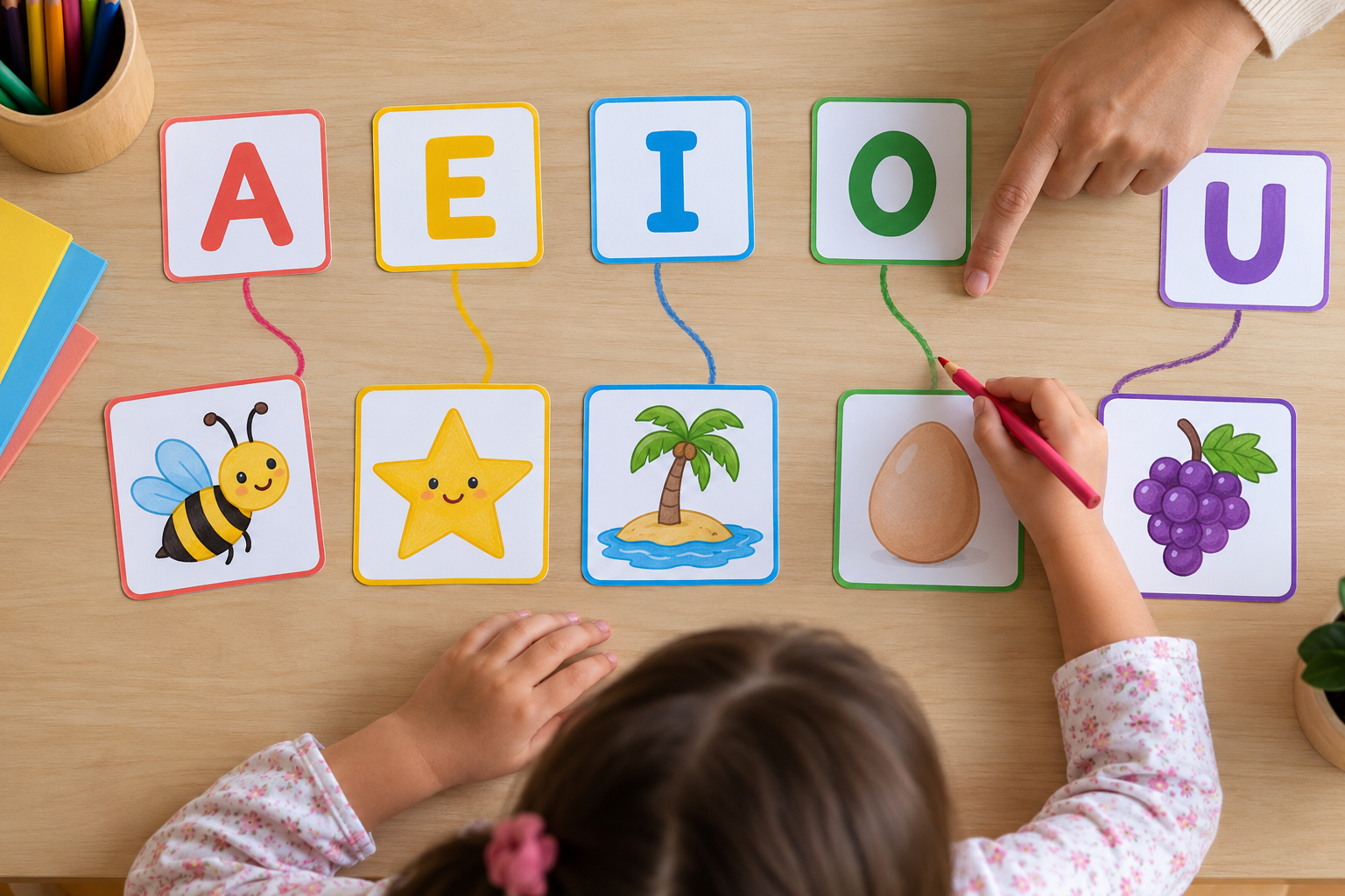 Criança fazendo atividade de associação entre vogais e imagens na Educação Infantil