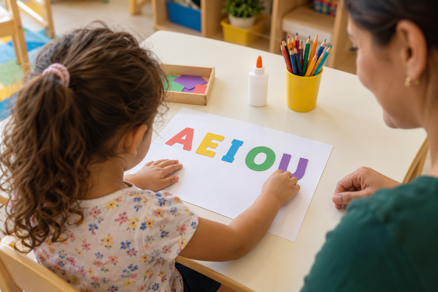 Criança observando as vogais A, E, I, O e U durante atividade na Educação Infantil.