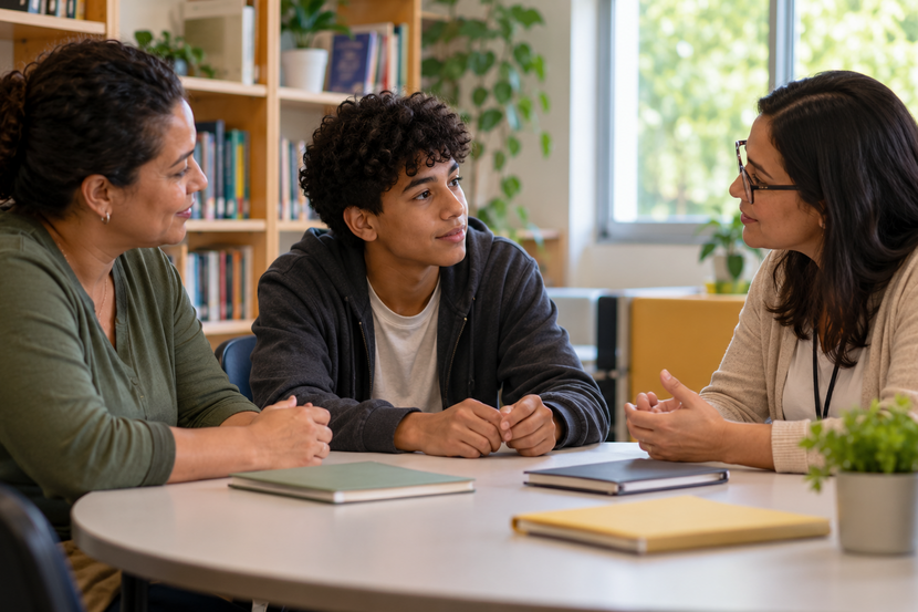 Adolescente, responsável e orientadora conversam sobre apoio emocional no ambiente escolar