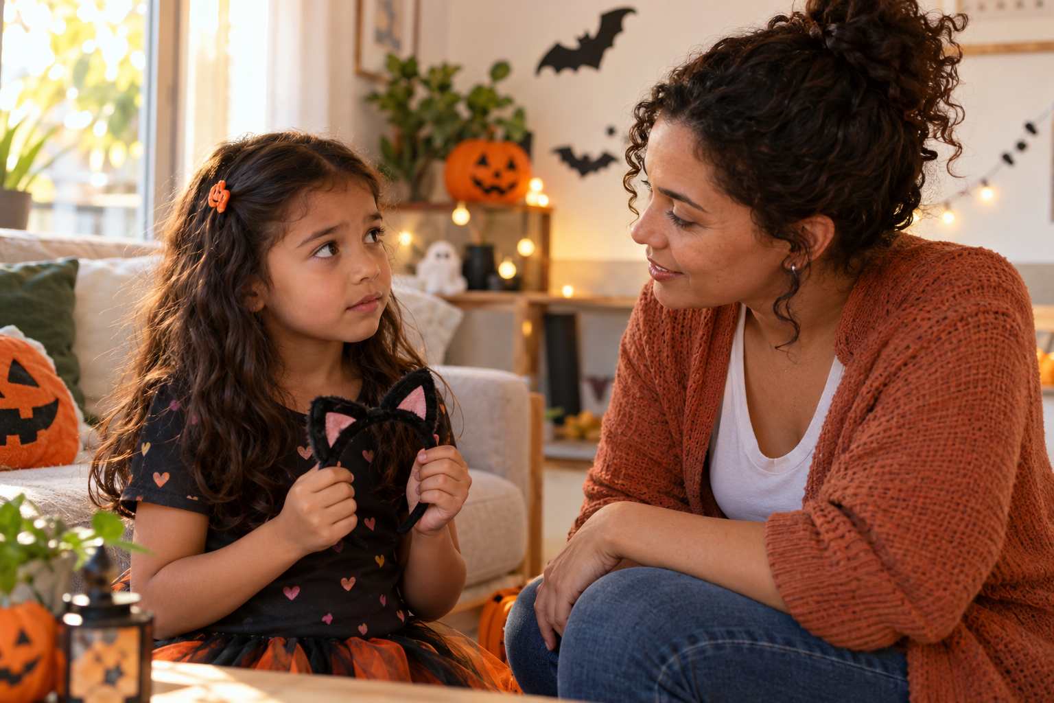 Criança com medo de Halloween conversa com a mãe enquanto segura uma tiara de fantasia em uma sala com decoração infantil