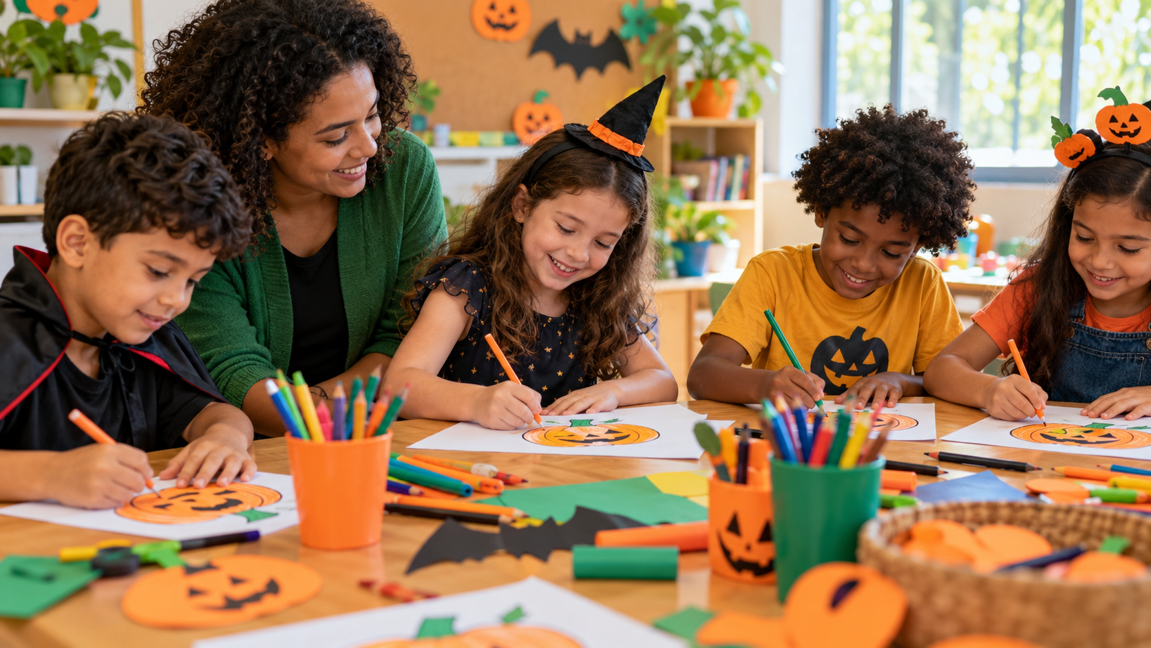 Crianças participam de atividade artística de Halloween acompanhadas pela professora