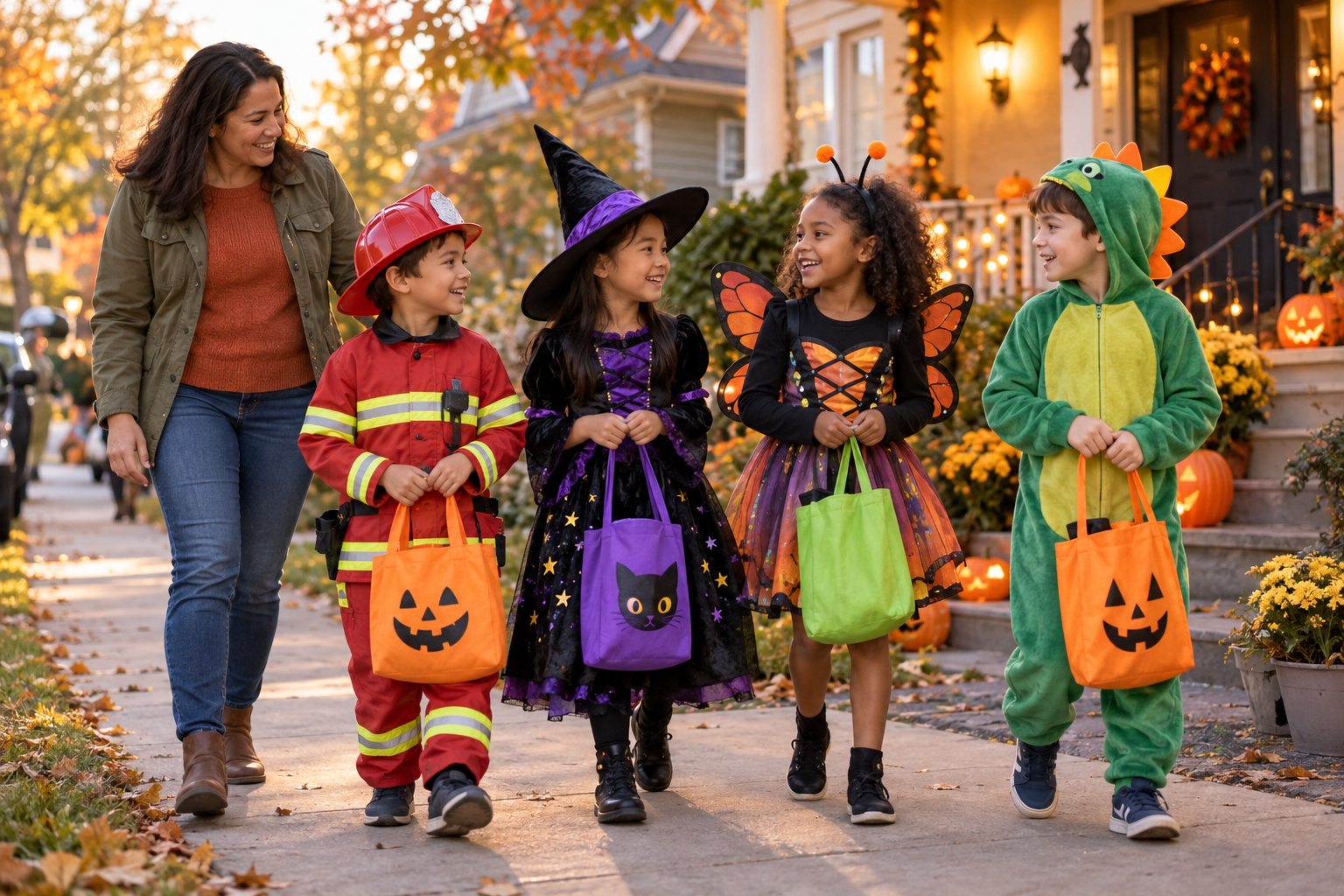 crianças fantasiadas com responsável representando a cultura do halloween em inglês