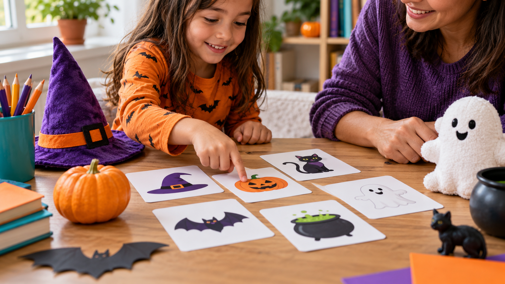 Professora orienta crianças em uma atividade de Halloween em inglês com desenhos e decorações temáticas