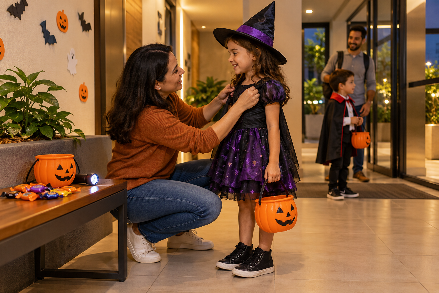 Responsável ajusta fantasia infantil segura para o Halloween no condomínio