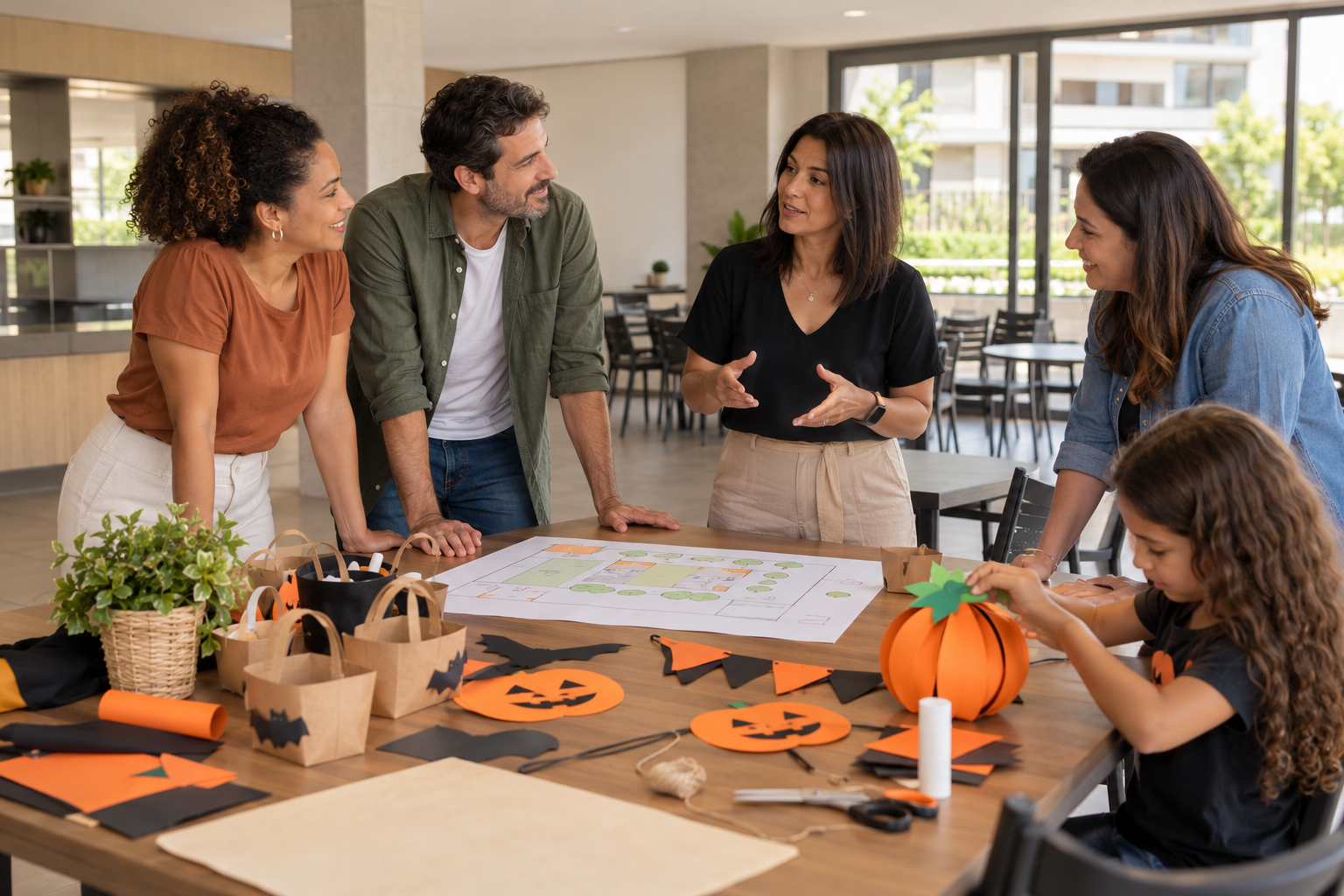 Pais e síndica organizam a programação de Halloween no salão de um condomínio