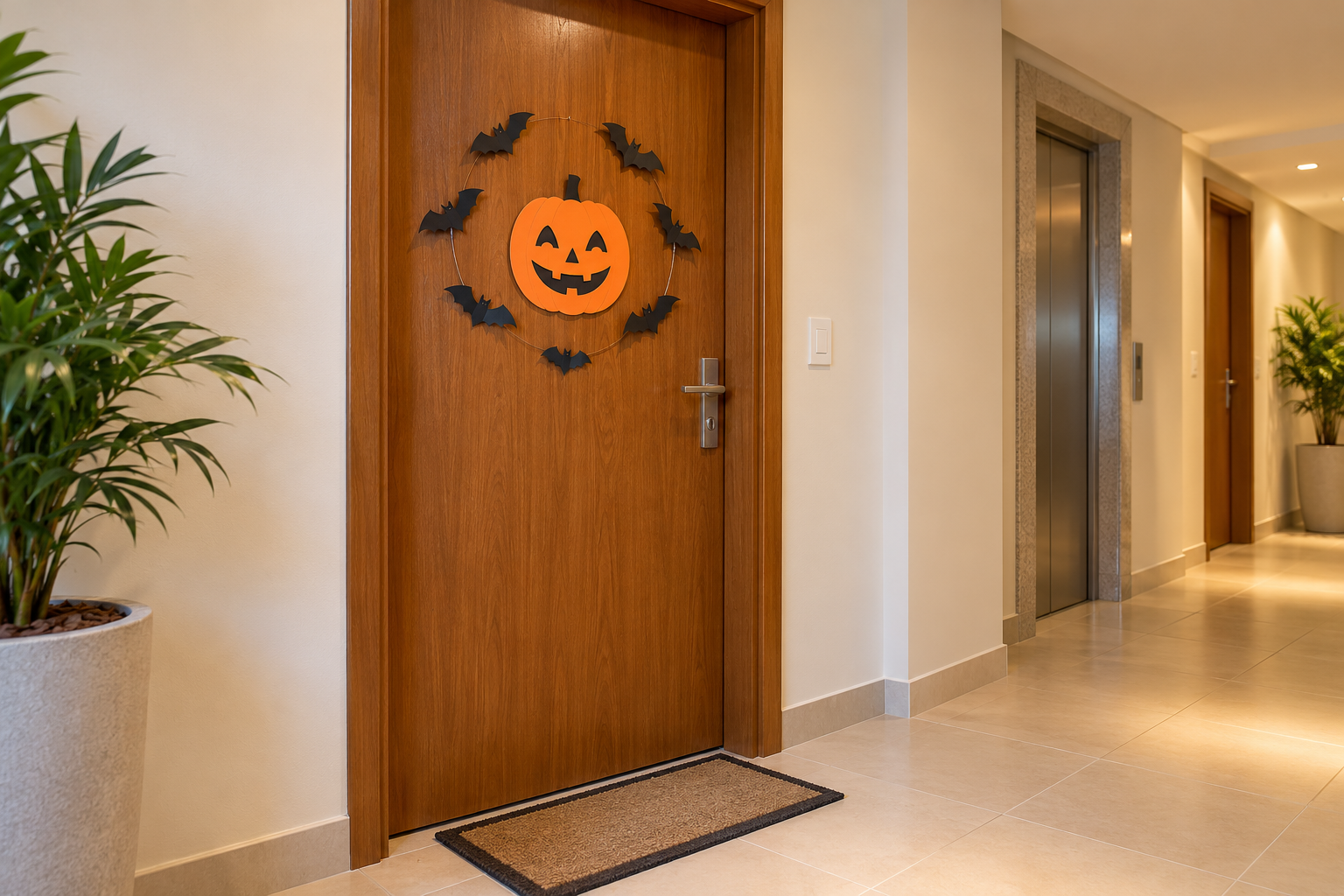 Porta de apartamento identificada com enfeite de abóbora para indicar participação no Halloween do condomínio