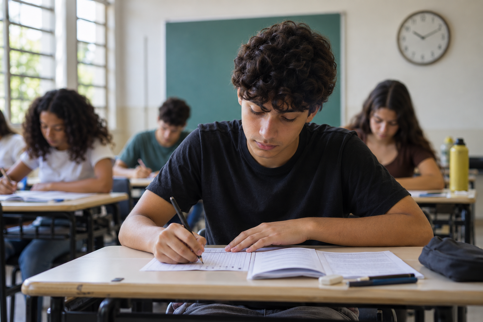 Estudante do Ensino Médio pratica a gestão do tempo durante um simulado do Enem
