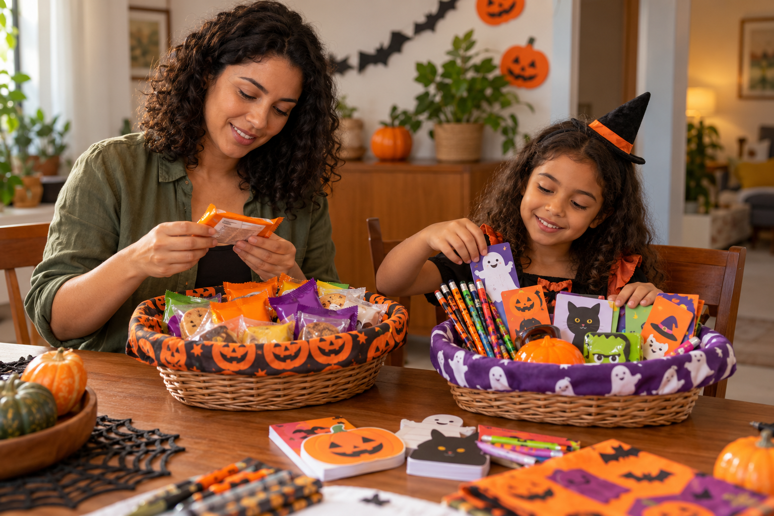 Responsável e criança organizam doces embalados e brindes para uma brincadeira segura de Halloween