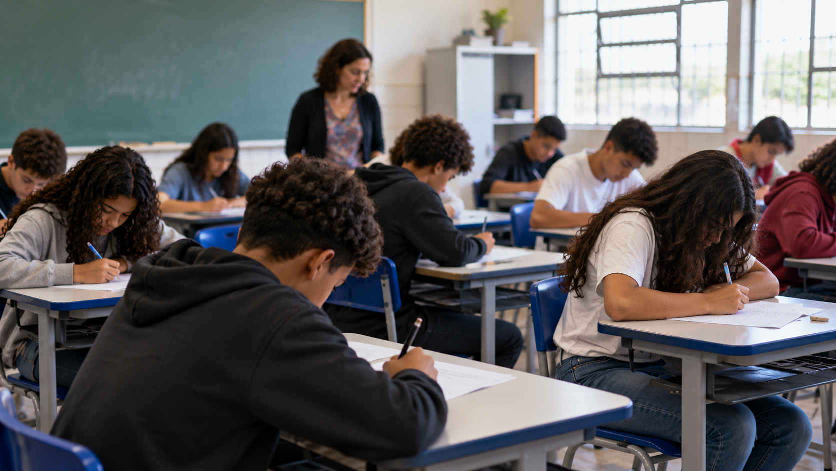 Alunos do 9º ano fazem a prova impressa do Saresp 2026 em sala de aula