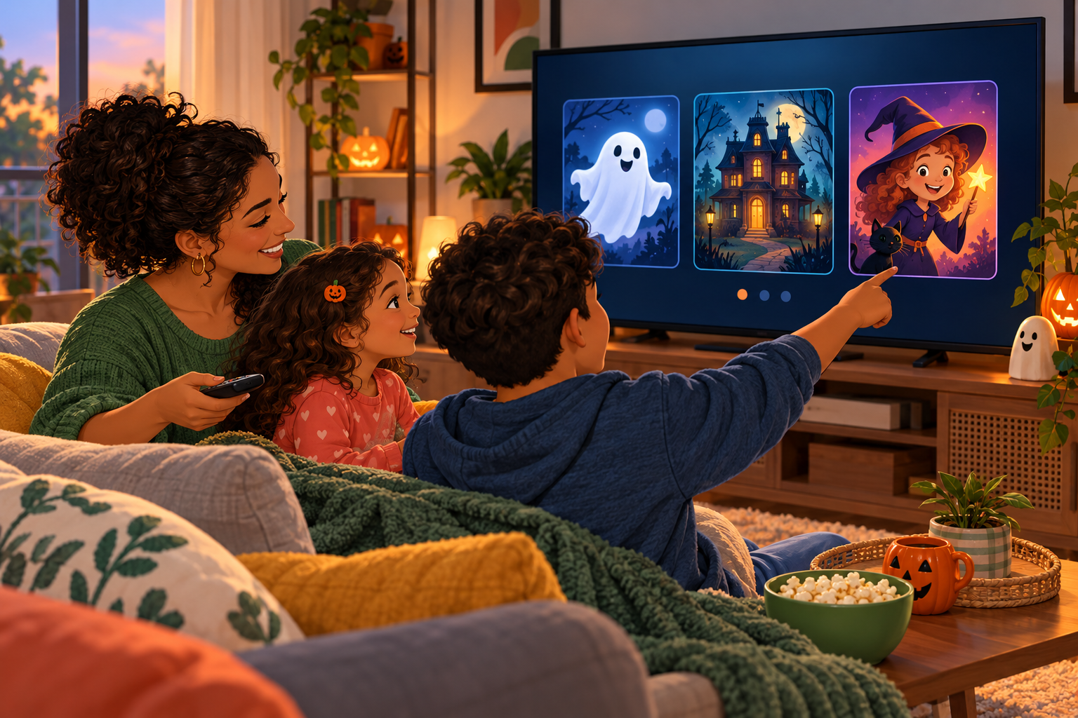 Mãe e crianças escolhem um filme de Halloween adequado à idade para assistir em família.