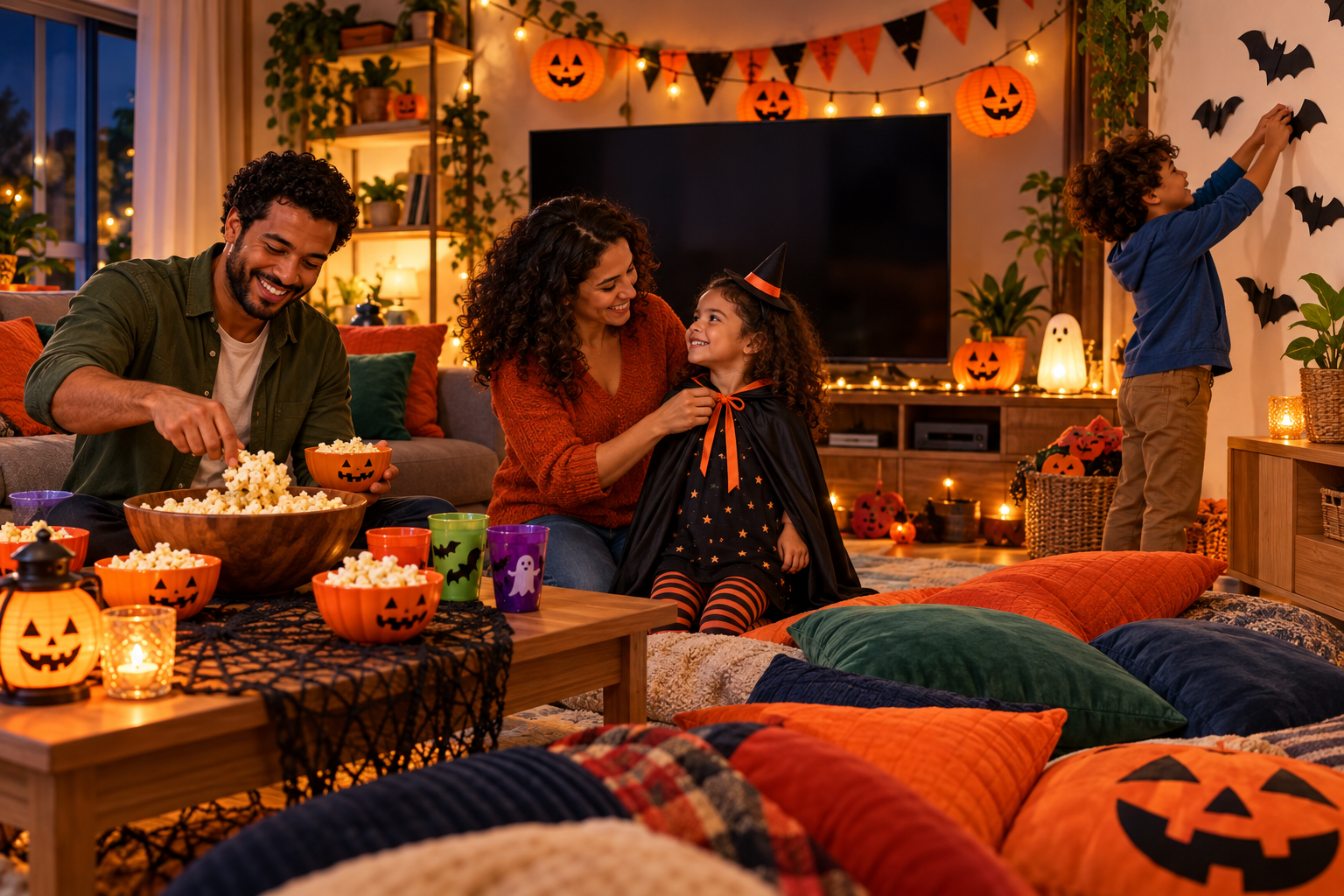 Família prepara uma sessão de cinema de Halloween com pipoca, fantasias e decoração temática