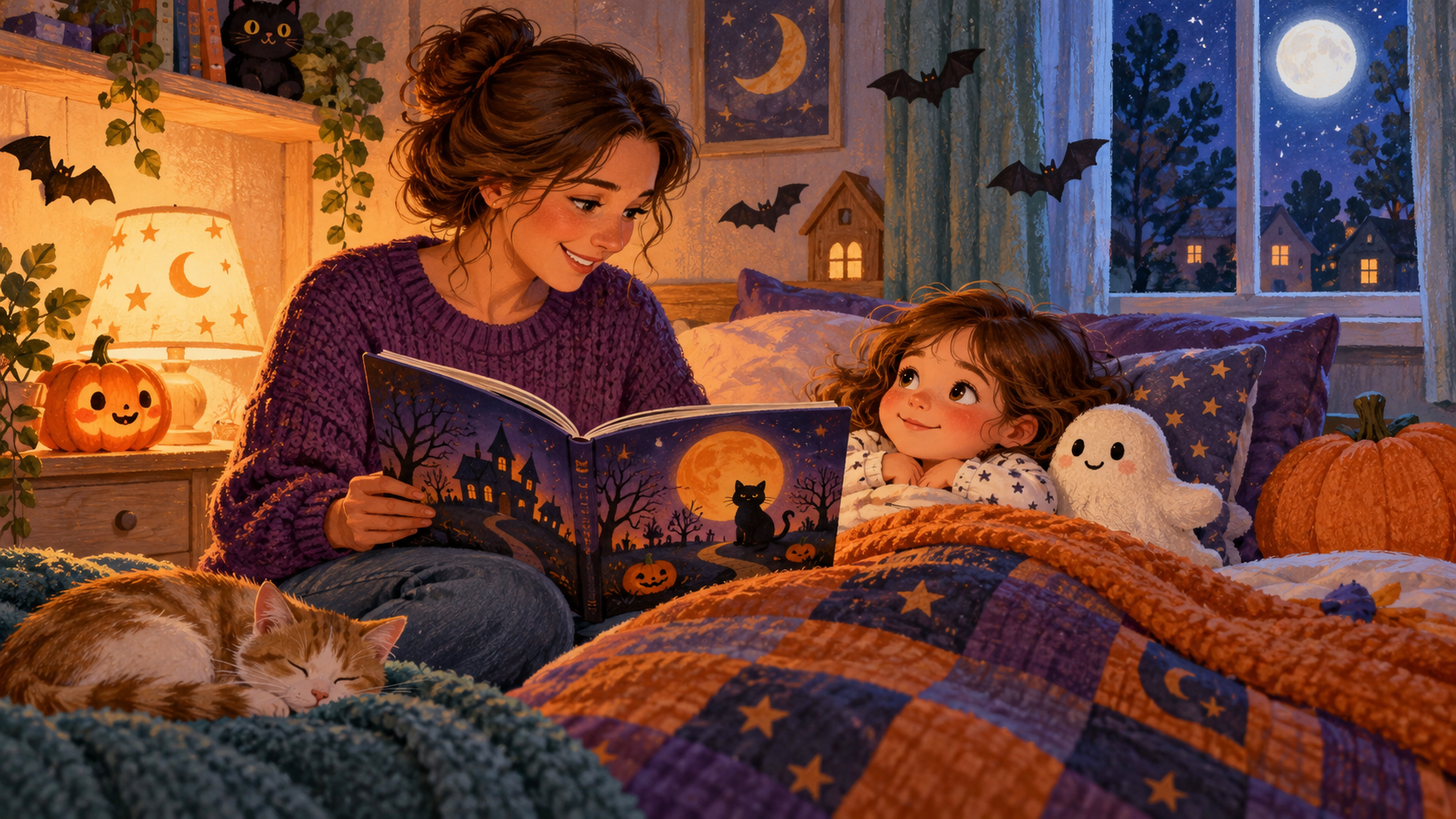 mãe lendo um conto de halloween para a filha antes de dormir.