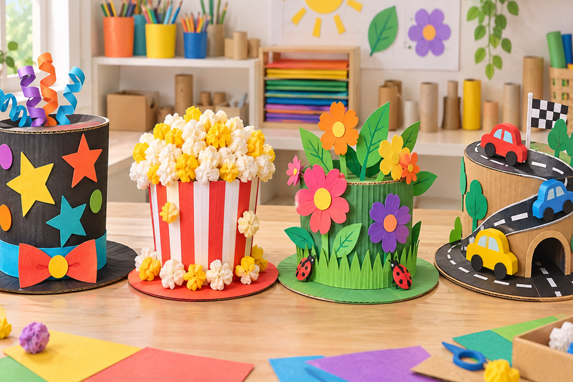 Chapéus malucos de papelão inspirados em pipoca, jardim e pista de carrinhos