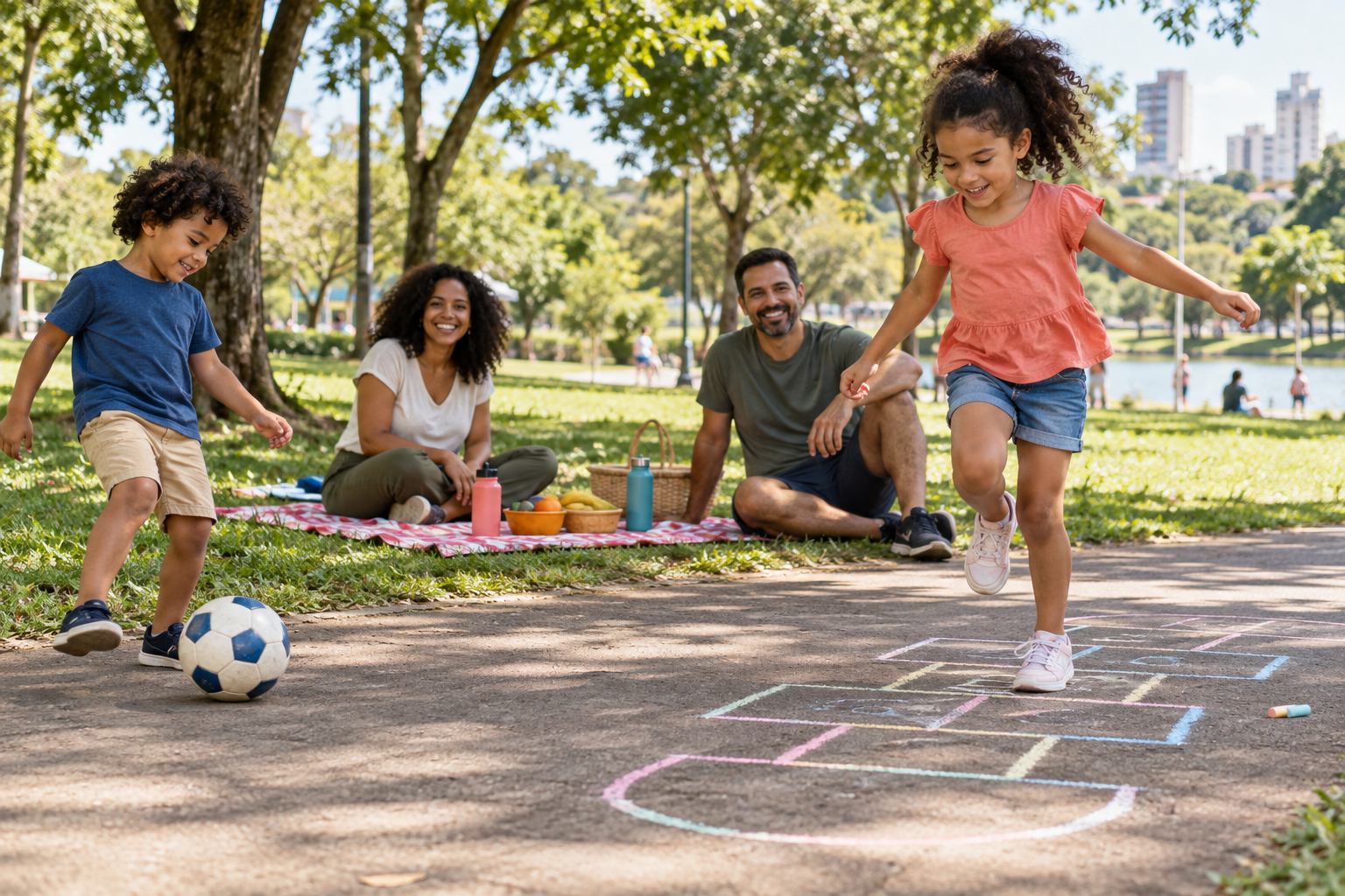 Família brincando de amarelinha e bola durante um piquenique no parque no Dia das Crianças 2026