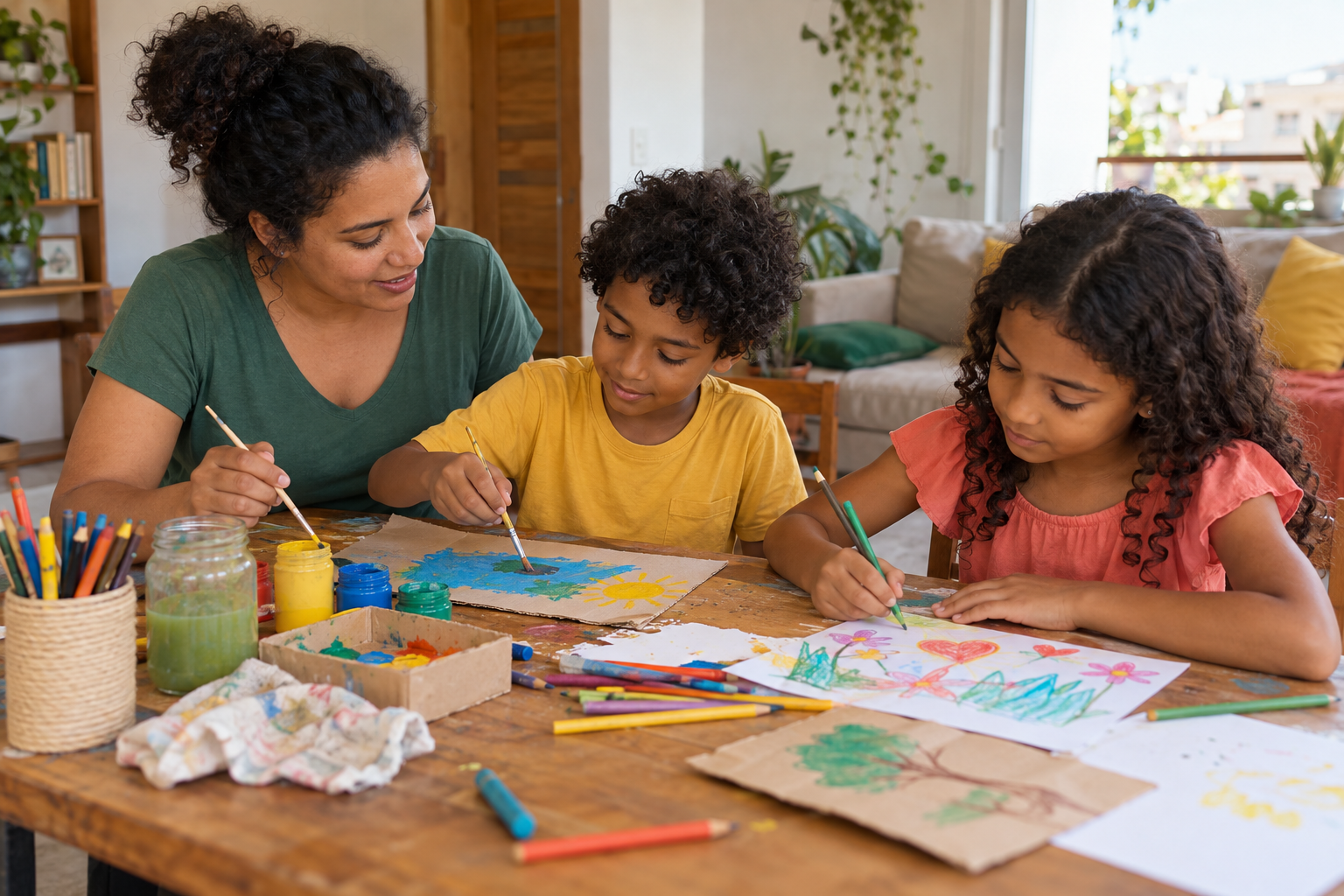 Família com duas crianças fazendo atividades de pintura para o Dia das Crianças 2026 em casa