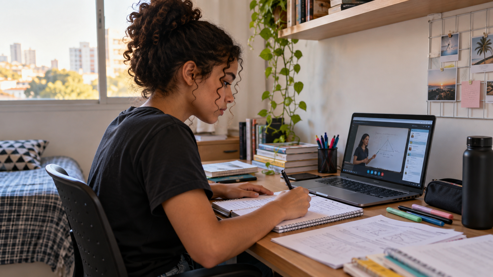 Estudante assiste a videoaula e faz anotações durante a preparação on-line para o Enem 2026