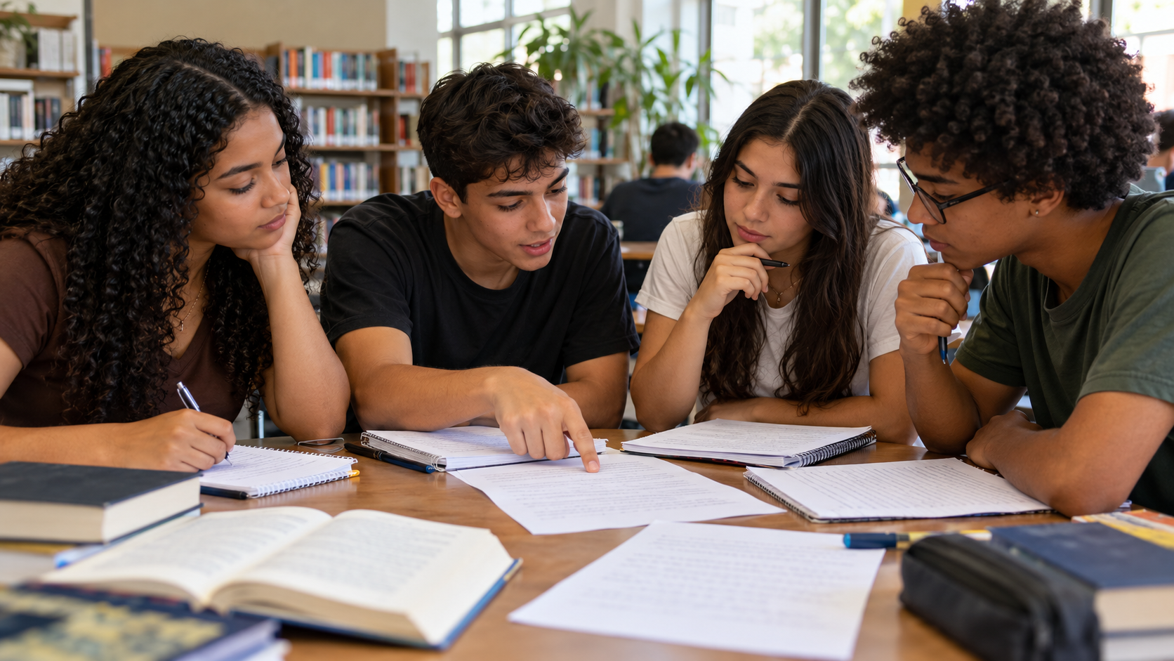 Estudantes revisam uma redação em grupo durante a preparação para o Enem 2026