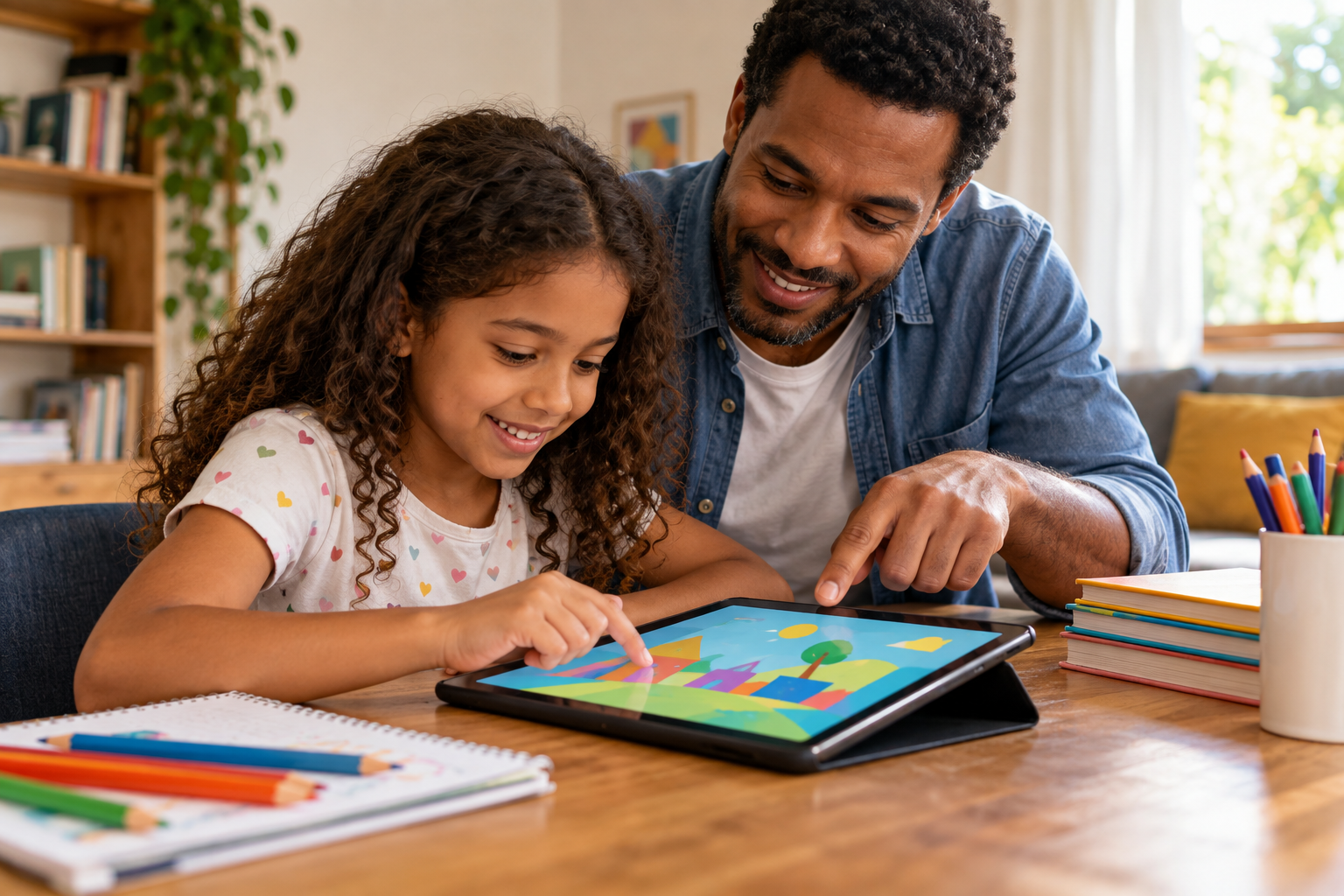 ai acompanha criança durante atividade com jogos educativos online em um tablet