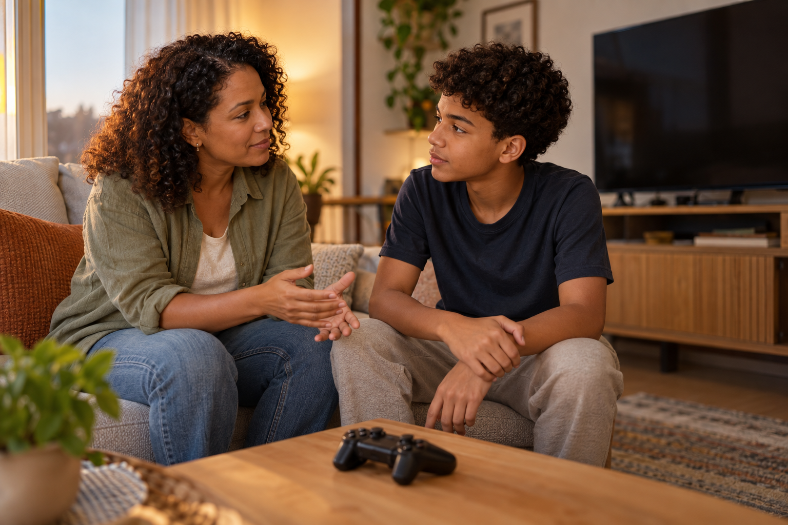 Mãe conversa com filho adolescente sobre limites para jogos online para crianças