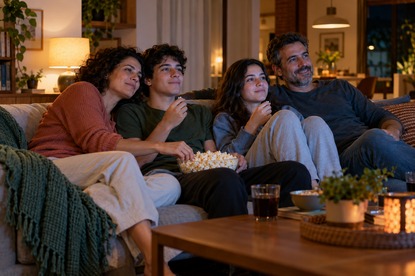 Família assiste a um filme com os filhos adolescentes durante a semana do saco cheio