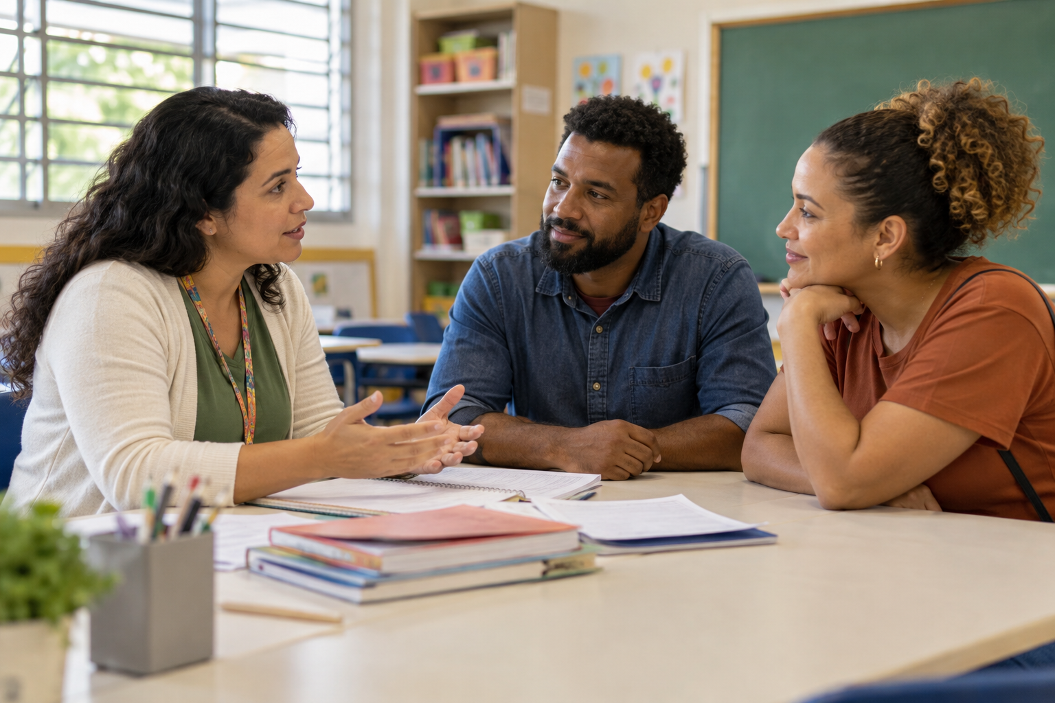 Professora conversa com responsáveis durante uma reunião sobre a relação entre família e escola