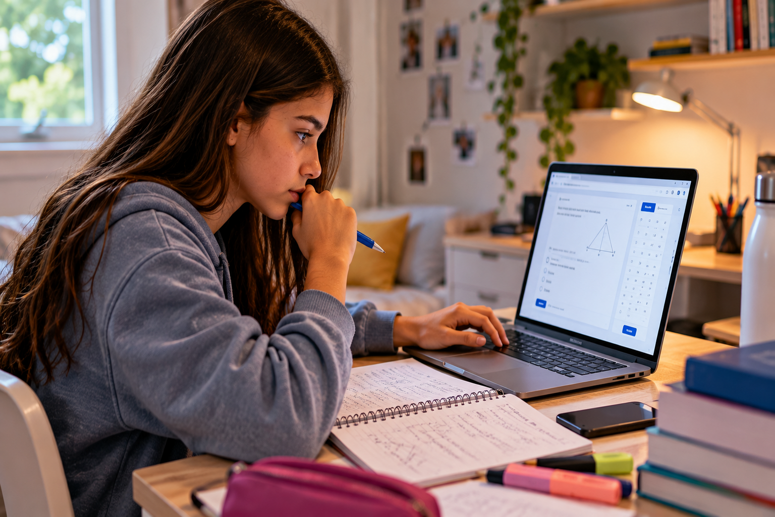 Adolescente estudando para a  OBMEP 2026 por meio de simulado OBMEP 2ª fase online.