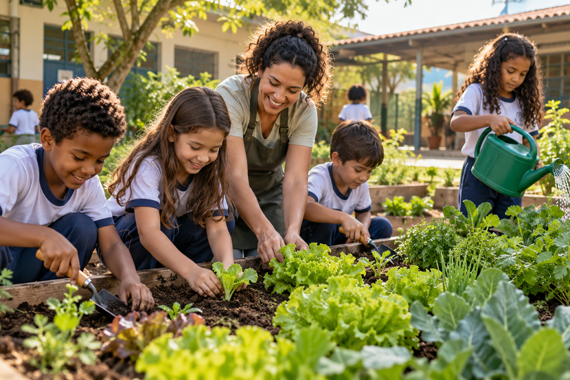 Alunos participam de projeto de horta escolar durante atividade sobre alimentação saudável