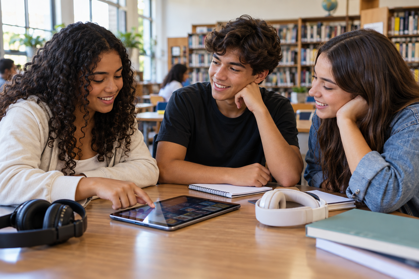 Três adolescentes escolhem músicas em um tablet na biblioteca da escola, com fones de ouvido sobre a mesa