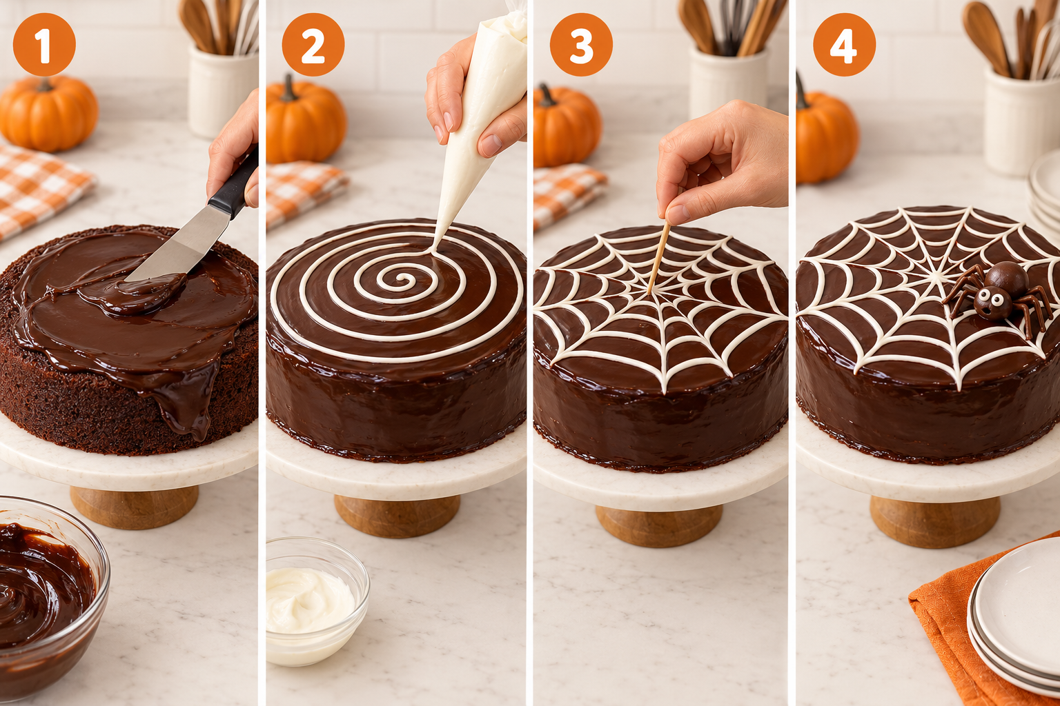Passo a passo para decorar um bolo de Halloween com cobertura de chocolate e teia feita com glacê branco.