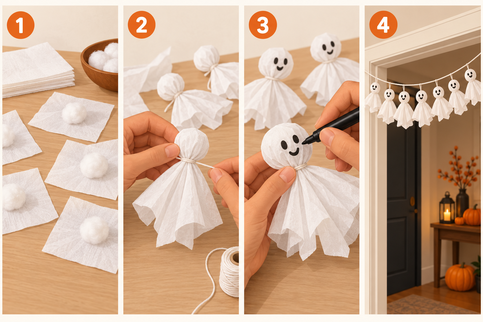 Passo a passo para montar uma cortina de fantasmas de Halloween com algodão, papel branco, barbante e caneta preta.