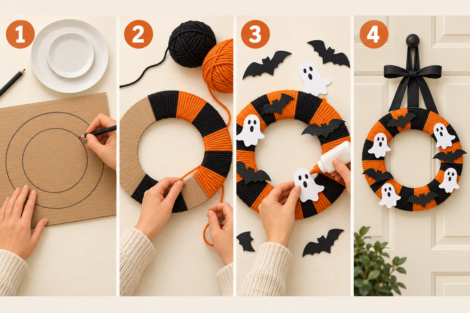 Passo a passo para fazer uma guirlanda de Halloween com papelão, fios pretos e laranjas, morcegos e fantasmas de papel.