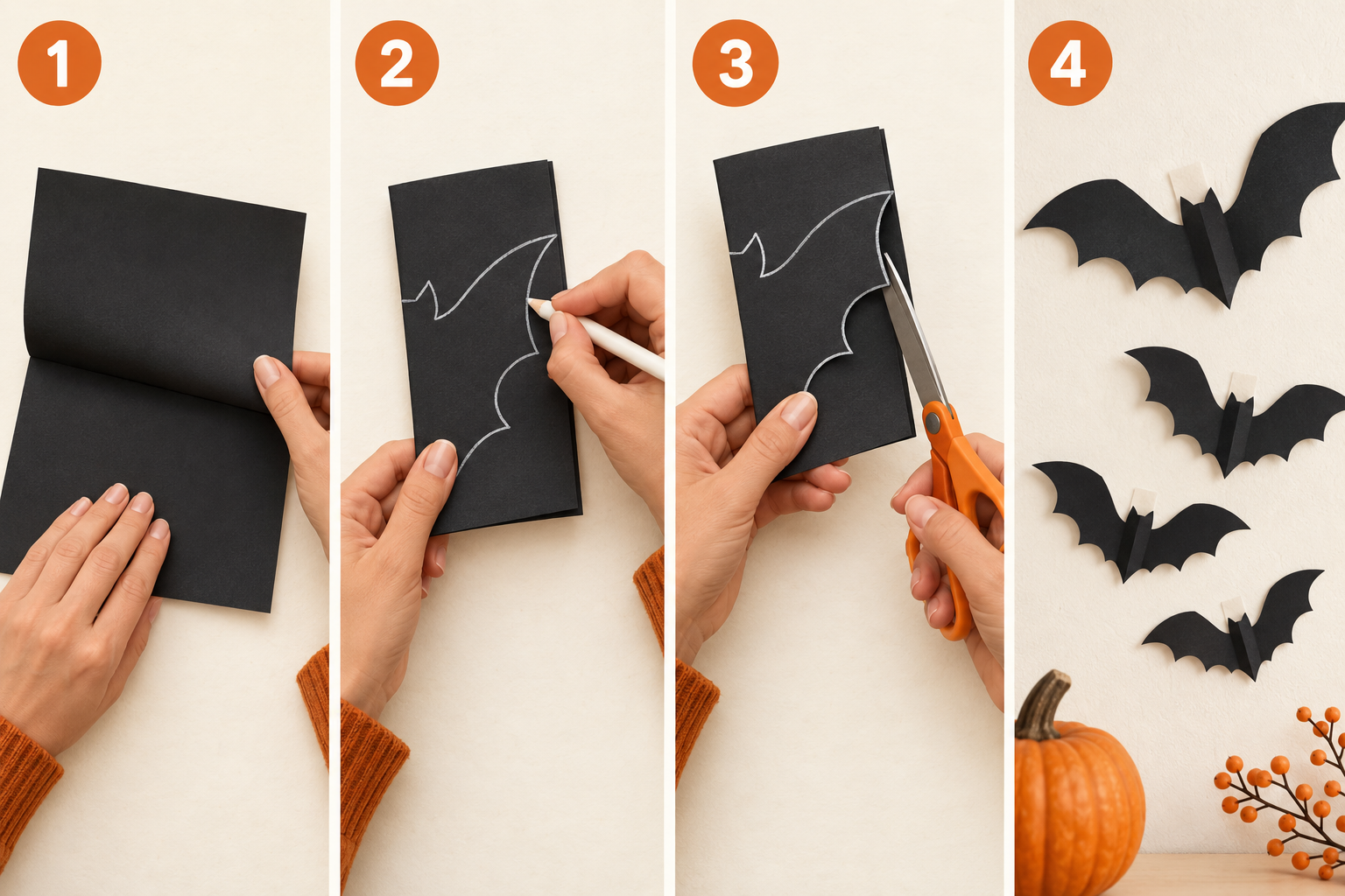 Passo a passo para fazer morcegos de Halloween dobrando, desenhando e recortando papel preto.