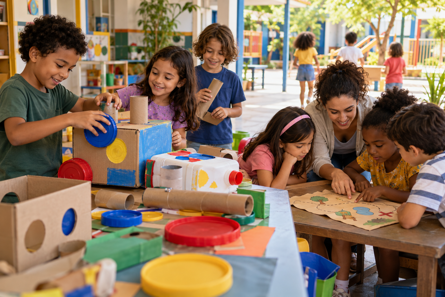 Crianças constroem brinquedos reutilizáveis e participam de uma caça ao tesouro cooperativa na escola.