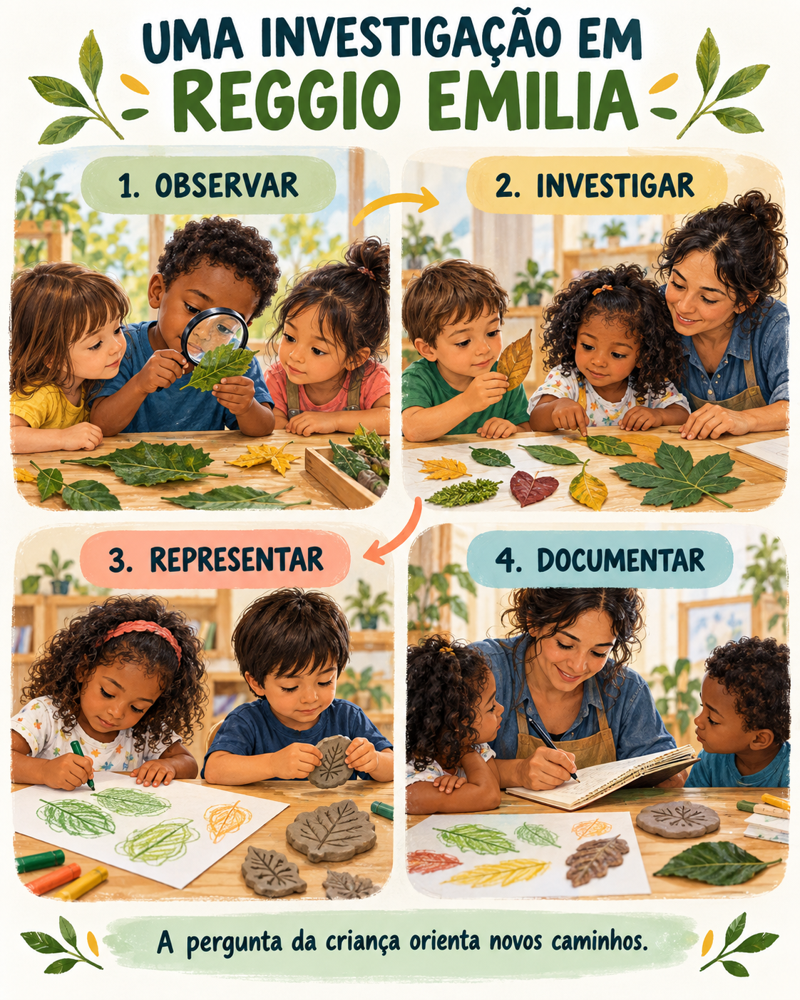 Infográfico de atividade Reggio Emilia com crianças observando folhas, investigando características, representando descobertas e documentando a aprendizagem.